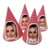 Set of red and white personalised party hats featuring faces, adding a personal touch to celebrations