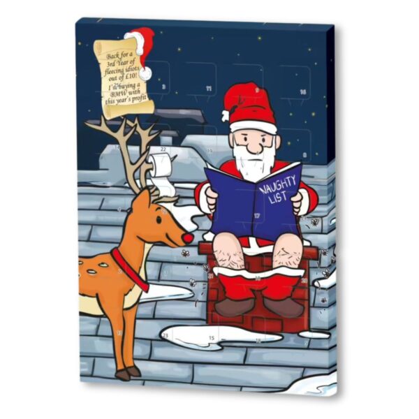 Funny advent calendar featuring Santa with a naughty list, guaranteed to go viral.