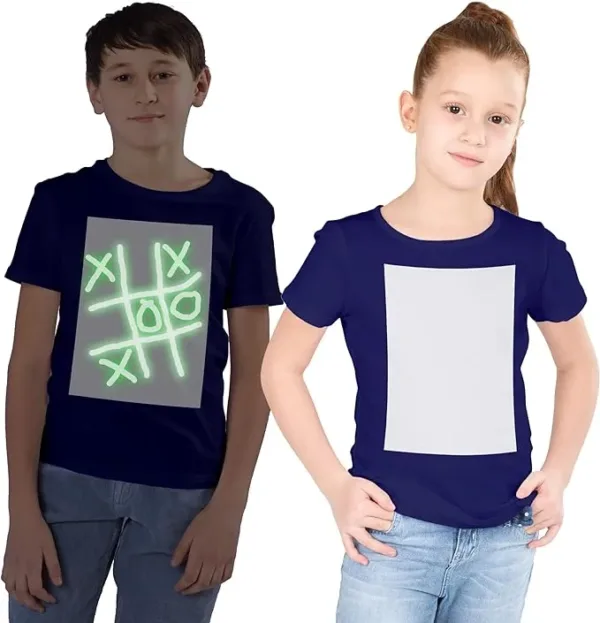 Image of a boy and girl wearing navy glow-in-the-dark T-shirts