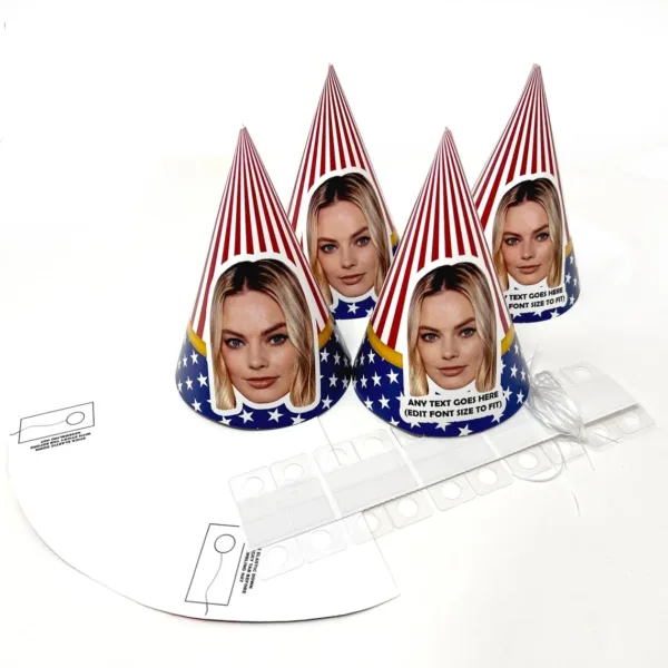 Stars & Stripes Personalised Party Hats with sticky tabs and elastic strings