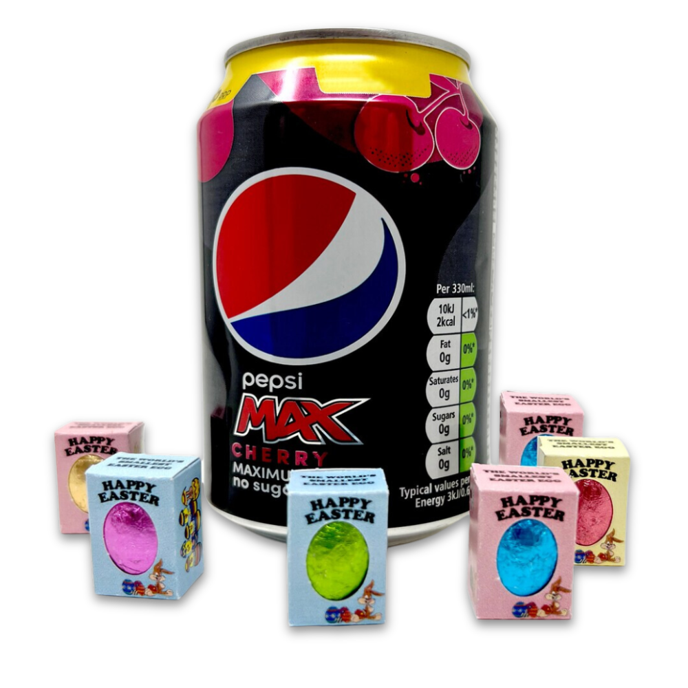 Illustration of the size of our Worlds smallest Easter Eggs in comparison to a pepsi can