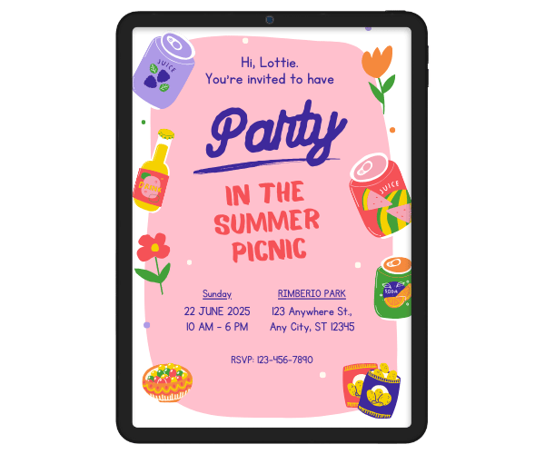 Digital party invitation for a summer picnic party displayed on a mobile phone