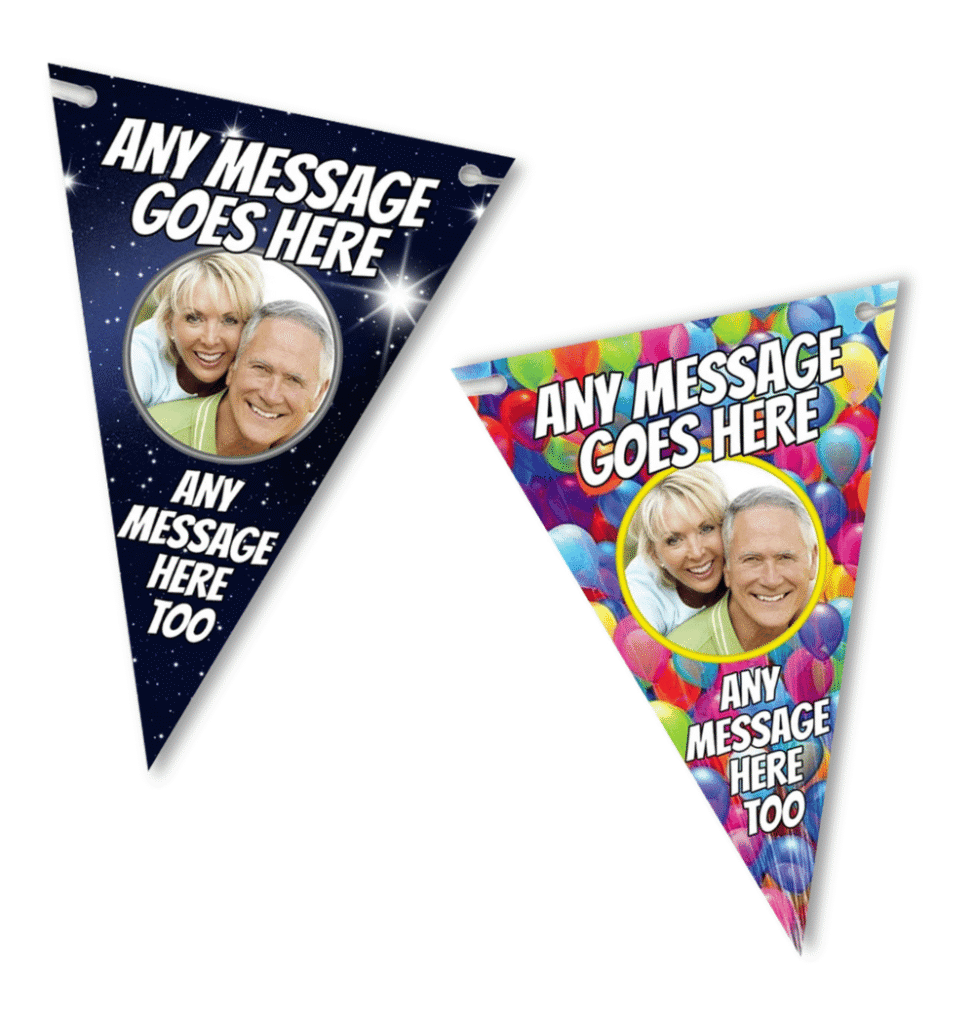 Customised bunting with personalised messages and faces, perfect for party decorations