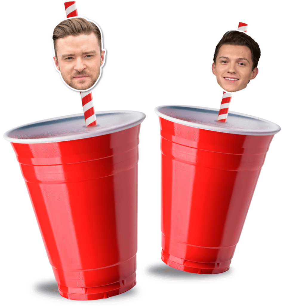 Red plastic cups with striped straws topped with faces, fun personalised straws for parties