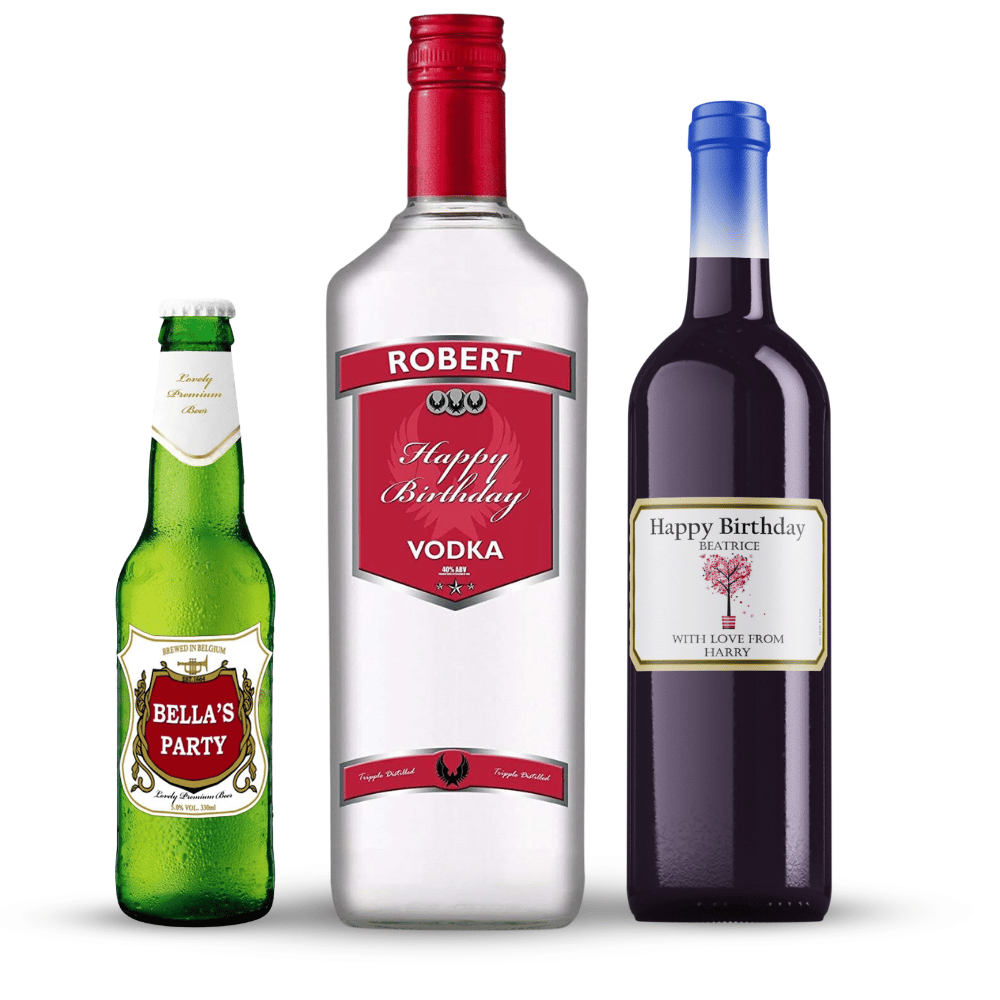 Three bottles with personalised labels, including a beer bottle, vodka bottle, and wine bottle