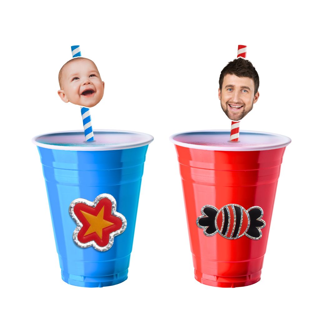 Two red and blue cups with personalised face straws, suitable for all age groups at parties