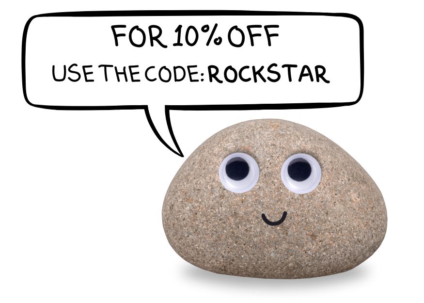 Pet rock with googly eyes and a speech bubble