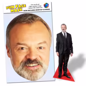 Realistic face masks and 20cm desktop cutout of Graham Norton