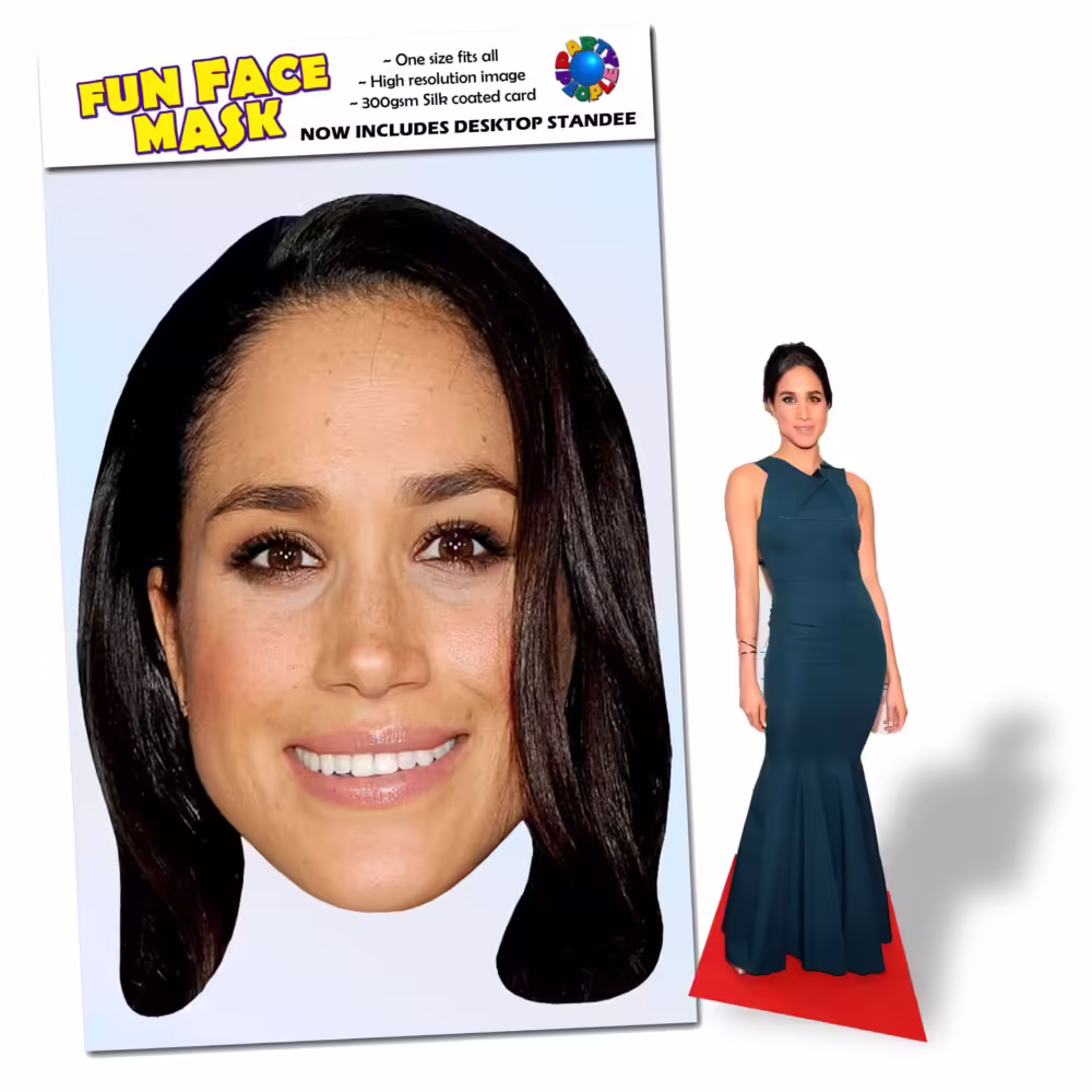 Realistic face masks and 20cm desktop cutout of Meghan Markle Duchess of Sussex