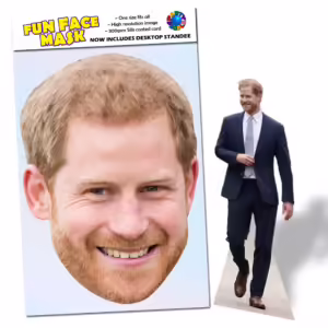 Realistic face masks and 20cm desktop cutout of Prince Harry Duke of Sussex