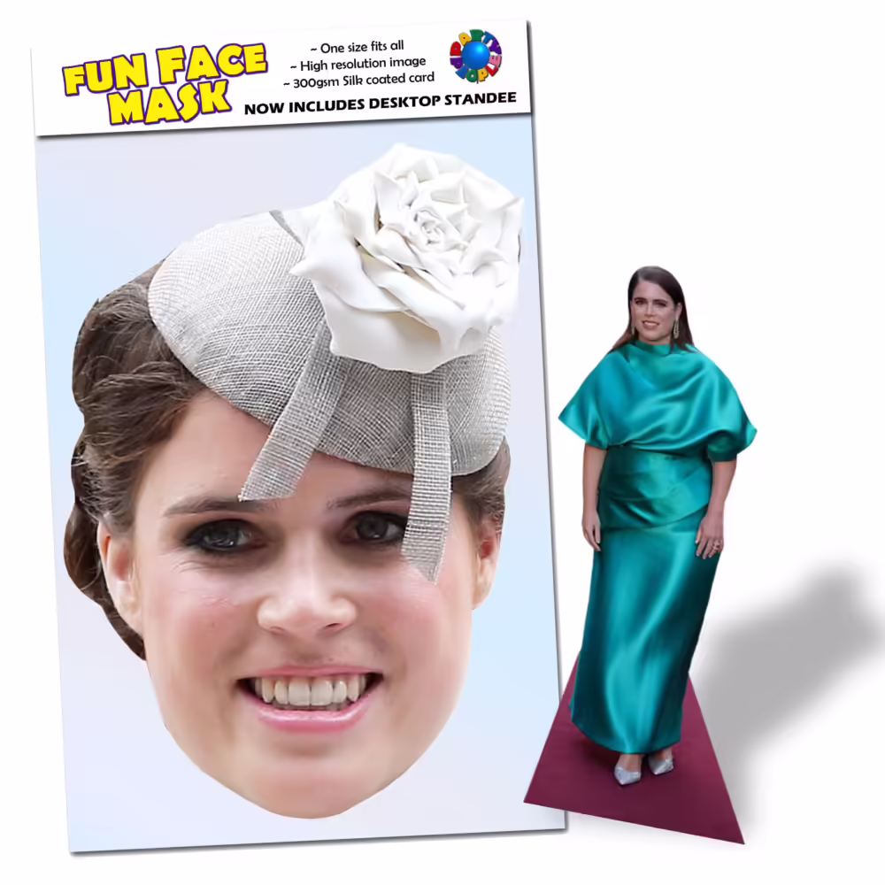 Realistic face masks and 20cm desktop cutout of Princess Eugenie