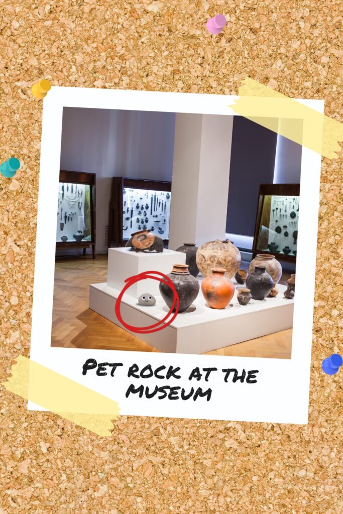 Pet rock placed on display at a museum exhibit, captioned ‘Pet Rock at the Museum’